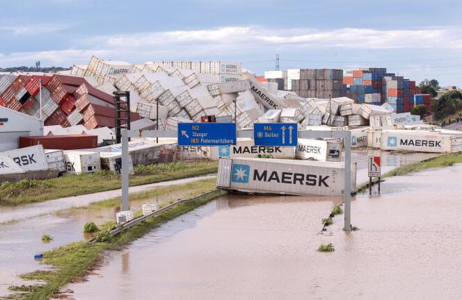 Floods washed away containers in Durban, South Africa, April 12, 2022.