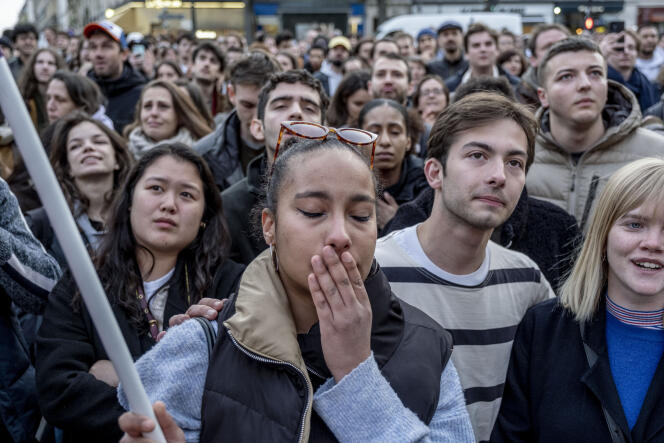 Jean-Luc Mélenchon's Union Populaire movement supporters at the time of first-round results of the presidential election, in Paris, April 10, 2022.