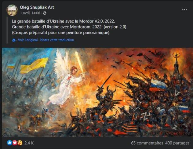 "The Great Battle of Ukraine with Mordor", a patriotic painting by the famous Ukrainian artist Oleg Shupliak, who in recent weeks has created several frescoes about the war using mythological or religious themes.