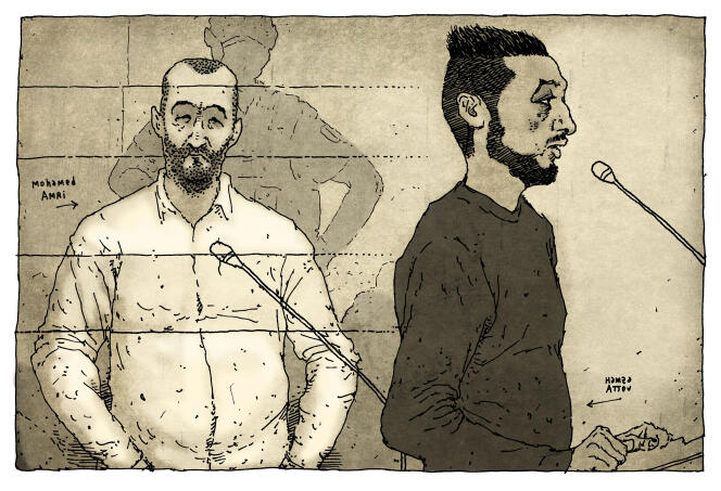 Mohammed Amri (left) and Hamza Attou (right), in front of Paris's special criminal court, April 12, 2022.