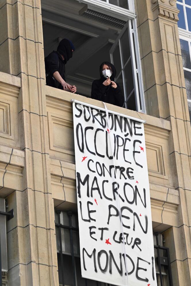 A banner at Sorbonne University, Thursday April 14, 2022.
