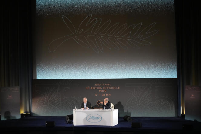 Cannes Fil Festival director Thierry Frémaux, left, and festival president Pierre Lescure announce the line-up for the upcoming 75th edition, at a press conference on Thursday, April 14, 2022 in Paris. 