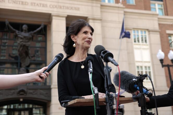 Diane Foley, mother of American journalist James Foley who was kidnapped and beheaded by members of the Islamic State in Syria in 2014, speaks to the press after the conviction of Al-Shafei Alsheikh on April 14, 2022 in Alexandria, Virginia.