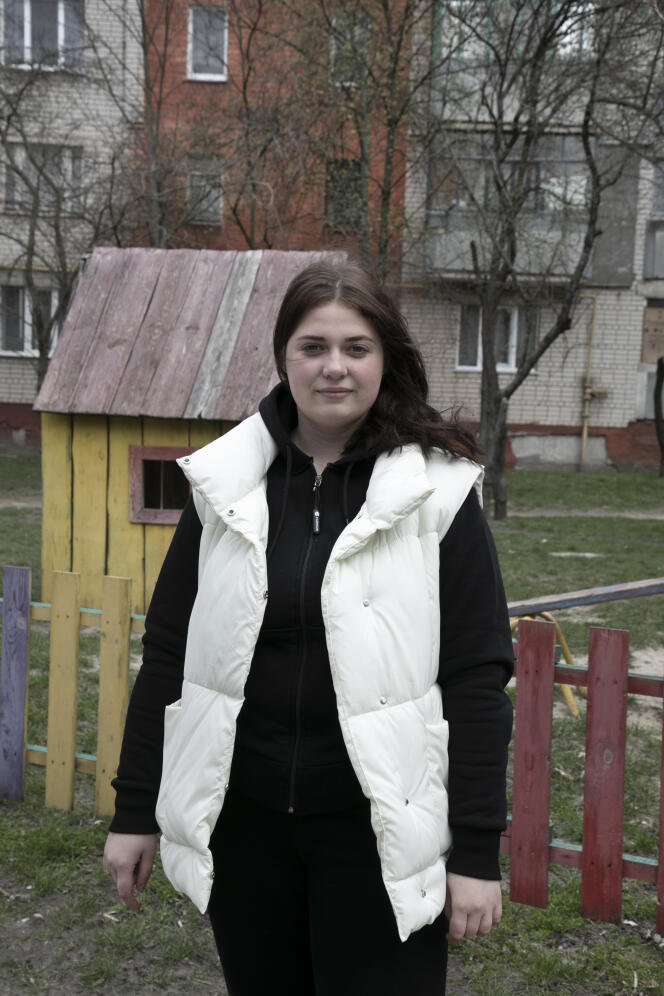 Kristina Kijova, volunteer, at the foot of her building, in Chernihiv, Ukraine, April 12, 2022.