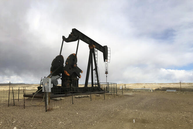 Oil wells in East Caspar, Wyoming on February 26, 2021. 