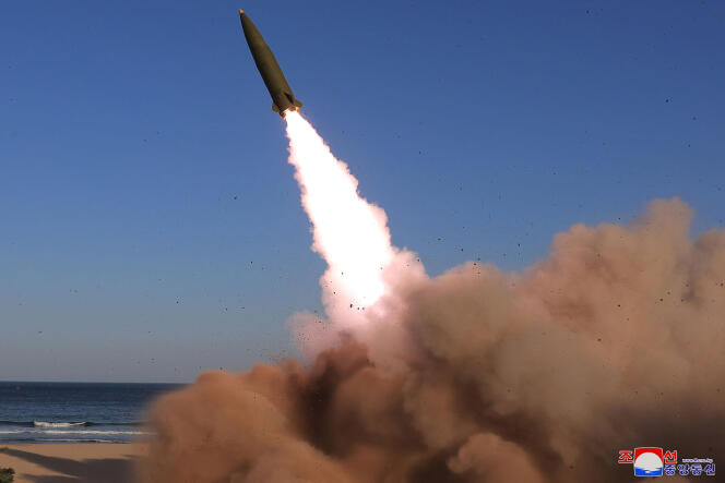 Photo published on April 17 by the North Korean official news agency shows the test launch of a new missile, carried out on an unknown date.