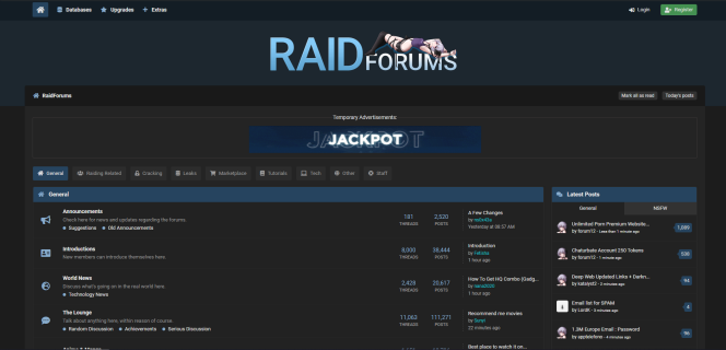 The RaidForums home page.