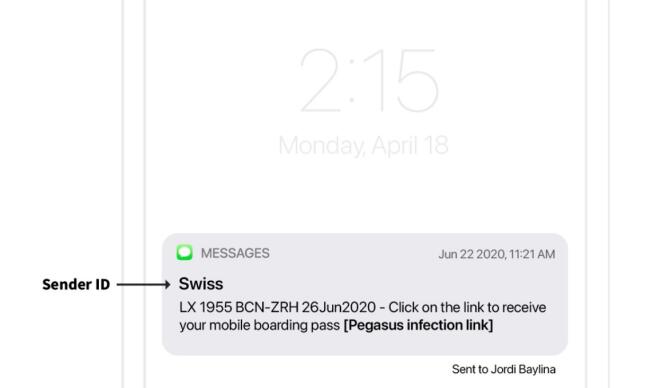 Fac-similé d’un message piégé reçu par Jordi Baylina, un développeur catalan dont le téléphone a été infecté à huit reprises, utilisant le véritable numéro de vol pour d’un billet d’avion qu’il avait récemment acheté. 