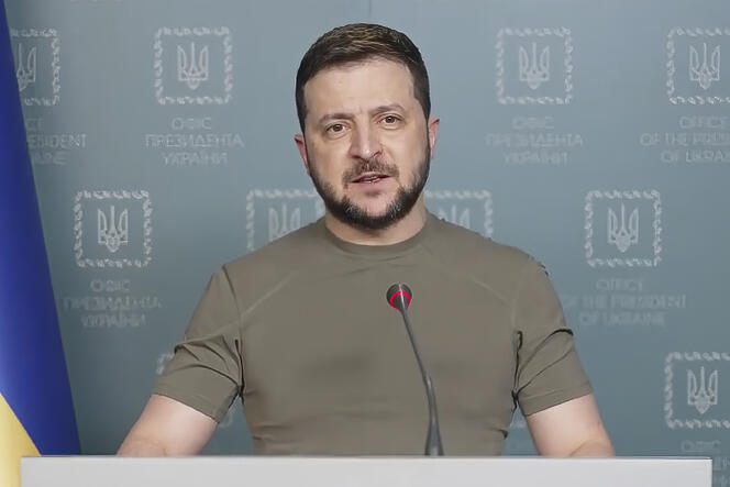 In this image from video provided by the Ukrainian Presidential Press Office, Ukrainian President Volodymyr Zelenskyy speaks from Kyiv, Ukraine, Monday, April 18, 2022.