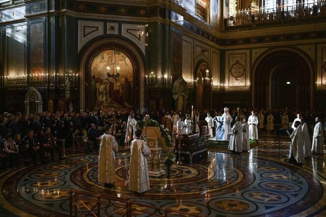 Patriarch of the Russian Orthodox Church Kirill leads a service at the Cathedral of Christ the Savior in Moscow, Friday, April 8, 2022.  