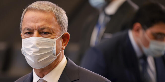 Turkey's Defense Minister Hulusi Akar during a North Atlantic Council meeting with Georgia and Ukraine at NATO Headquarters in Brussels February 17, 2022. 