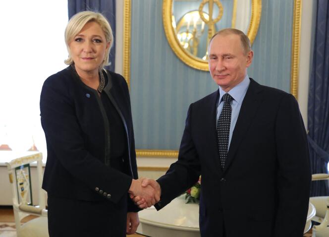 Marine Le Pen and Russian President Vladimir Putin at the Kremlin in Moscow on March 24, 2017.