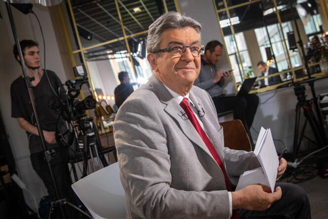 Jean-Luc Mélenchon before his interview with Bruce Toussaint on BFM-TV in Saint-Denis, Tuesday April 19, 2022.