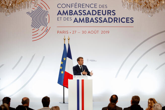 President Emmanuel Macron during the annual conference of French ambassadors at the Elysée Palace in Paris on August 27, 2019.