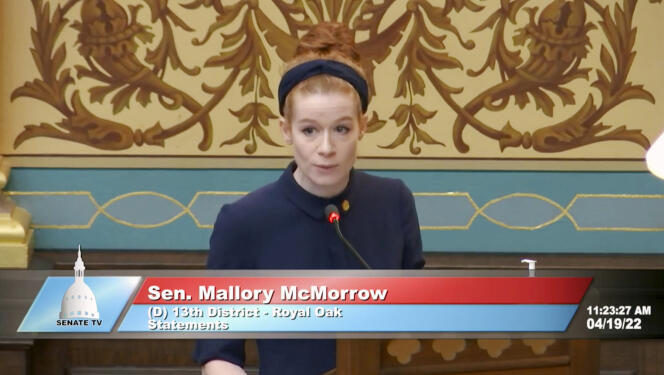 Democratic State Senator Mallory McMorrow addresses Michigan's State Senate in Lansing, on April 19 2022 
