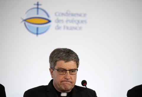 Archbishop of Reims and re-elected President of the "Conference des Eveques de France" (CEF) Eric de Moulins-Beaufort gives a press conference during the Conference des Eveques de France (CEF - French Bishops' Conference) in Lourdes, southwestern France on April 7, 2022. - The Archbishop of Reims, Eric de Moulins-Beaufort, has been re-elected president of the Conference of Bishops of France (CEF), was announced on April 7, 2022 at a meeting in plenary assembly until April 8 in Lourdes. (Photo by Matthieu RONDEL / AFP)
