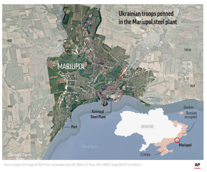 Satellite image Mariupol, Ukraine locates the Azovstal Iron and Steel Works and port.
