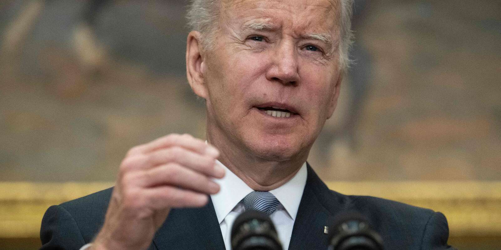 Le président américain, Joe Biden, fournit des mises à jour sur le conflit entre l’Ukraine et la Russie dans la salle Roosevelt de la Maison Blanche à Washington, le 21 avril 2022. 