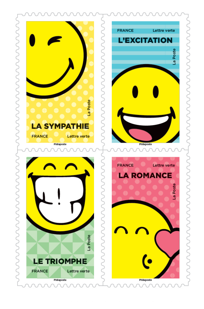 Four of the twelve stamps in the booklet on general sale on 7 June.  Design and layout: The Smiley Company © 1971 - 2022. Circulation: 3 million brochures.  Selling price: 13.92 euros.