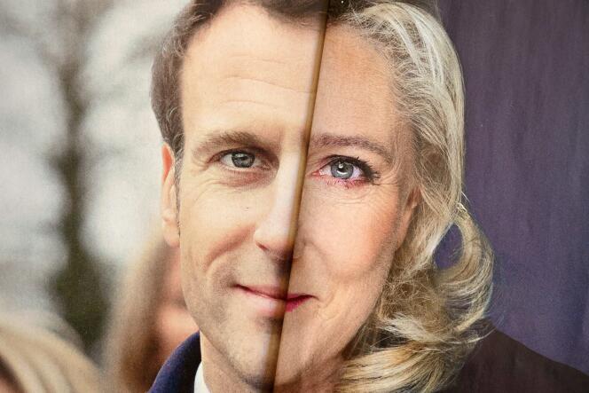 Vu à Marseille, le 6 avril 2022. Montage des affiches électorales des deux candidats sélectionnés pour le second tour de la présidentielle le 24 avril : Emmanuel Macron (LRM) et Marine Le Pen.