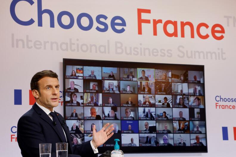 French President Emmanuel Macron delivers a speech at the opening session of the Choose France video-conference meeting from the Elysee Palace in Paris on January 25, 2021. - The video-conference gather a hundred leaders of major foreign groups who were due to attend the Choose France Summit, which was postponed for health reasons. (Photo by Ludovic MARIN / POOL / AFP)