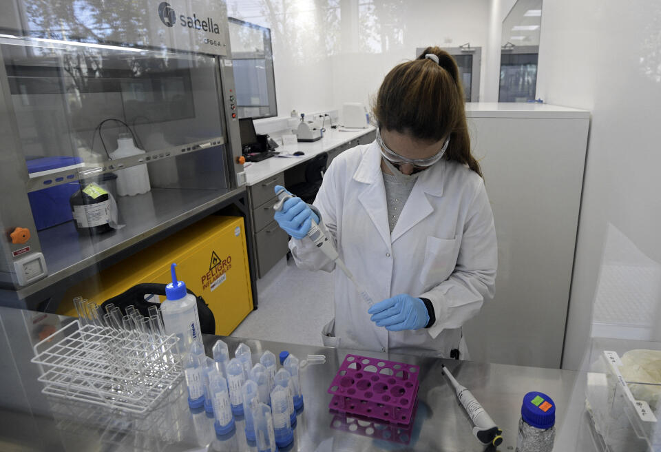 A scientist works at the mAbxience biosimilar monoclonal antibody laboratory plant in Garin, Buenos Aires province, on August 14, 2020, where an experimental coronavirus vaccine will be produced for Latin America. - Argentina will manufacture while Mexico will pack and distribute in Latin America, except of Brazil, the vaccine against COVID-19 developed by the University of Oxford and the AstraZeneca laboratory. (Photo by JUAN MABROMATA / AFP)