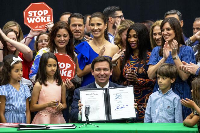 During a press conference at the Private Matter Academy Middle and High School in Helia Gardens, Florida on April 22, 2022, Florida Governor Ron Desantis, 