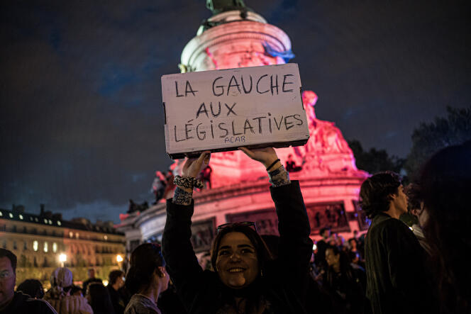 During a rally, after the announcement of the results of the second round of the presidential election, place de la Bastille, in Paris, April 24, 2022.