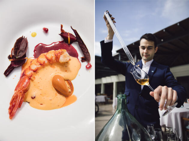 Left: Carabinero shrimp, beet and kumquat, shell foam and ice from its heads. Right: the sommelier serving a glass of liqueur.