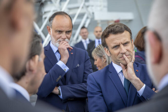 Former prime minister Edouard Philippe and Emmanuel Macron during the president's campaign trip to Le Havre (Seine-Maritime), on April 15, 2022.
