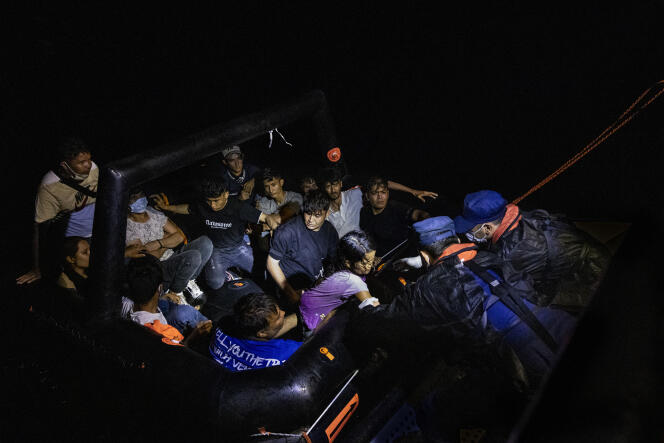 Turkish coast guards during a rescue operation of a group of Afghan migrants in the Aegean Sea near Dikili, Turkey, July 2, 2021. They said they were pushed back into the sea by Greek authorities.