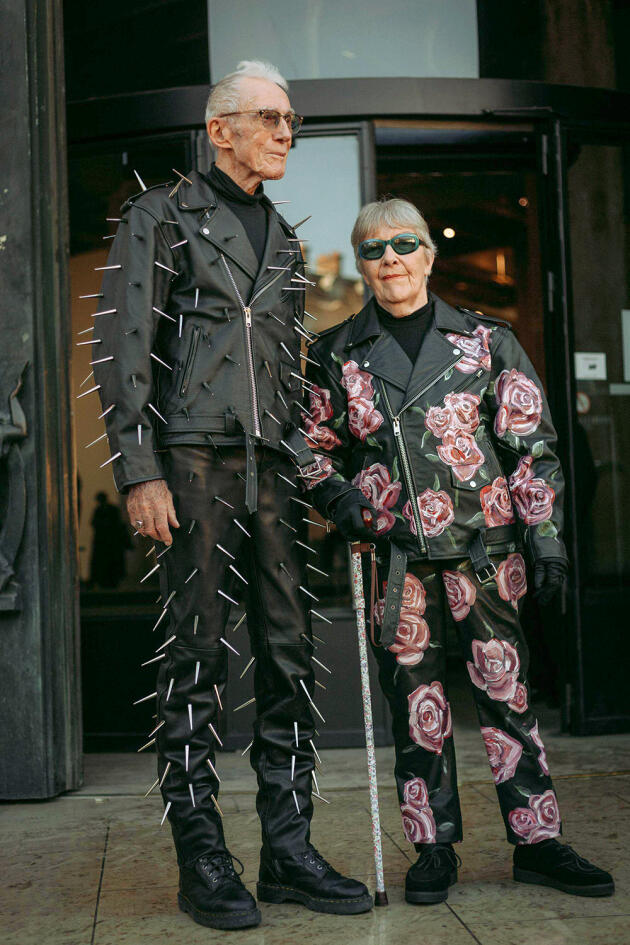 René and Marie-Louise Glémarec wear pieces designed by their grandson Florentin and his companion, Kévin Nompeix, for their brand Egonlab during Paris Fashion Week, in January 2020.