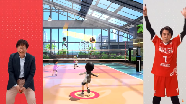 Le créateur de jeu vidéo Yoshiaki Koizumi (à droite) et le directeur de Nintendo, Shinya Takahashi (à gauche) ont mouillé leur maillot pour présenter « Switch Sports », le nouvel épisode de la série « Wii Sports ».