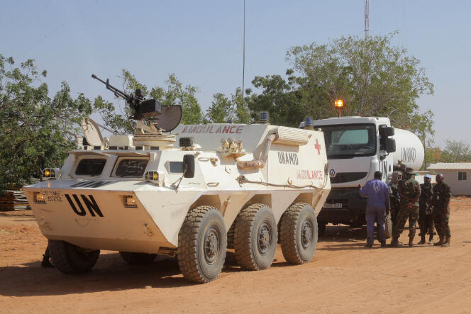 Vehicles of the United Nations mission in Darfur, Sudan, in February 2021.