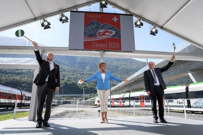 AlpTransit company CEO Dieter Schwank (left) and Swiss Federal Railways CEO Vincent Ducrot (right) at the inauguration of the Ceneri tunnel in southern Switzerland on September 4 2020.
