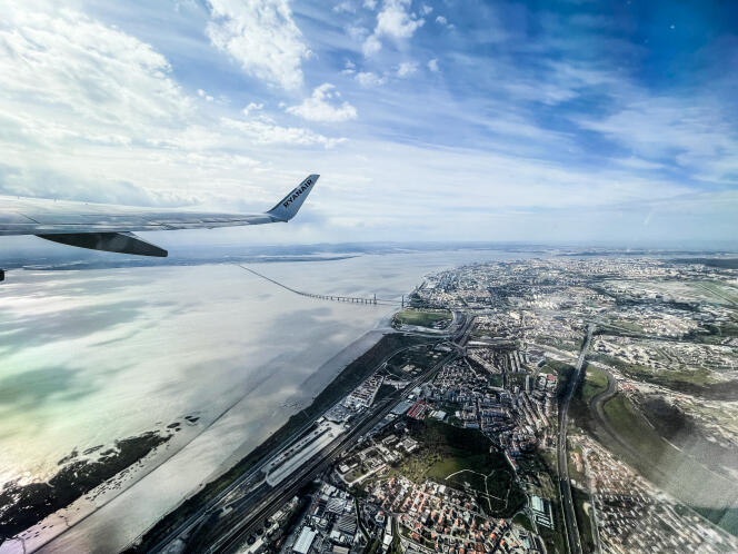 Aerial view of Lisbon, Portugal, from a Ryanair plane, April 4, 2022.