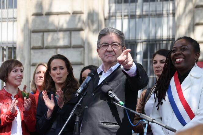 Jean-Luc Mélenchon delivers a speech, next to LFI's Member of Parliament Daniele Obono, during the annual May Day (Labour Day) marking the international day of the workers on Place de la Republique in Paris on May 1, 2022.
