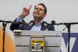 Vlaams Belang chairman Tom Van Grieken delivers a speech at the meeting of the Flemish far-right party in Sint-Niklaas on May 1, 2022, marking May Day, The International Workers' Day. Belgium OUT (Photo by NICOLAS MAETERLINCK / BELGA / AFP)