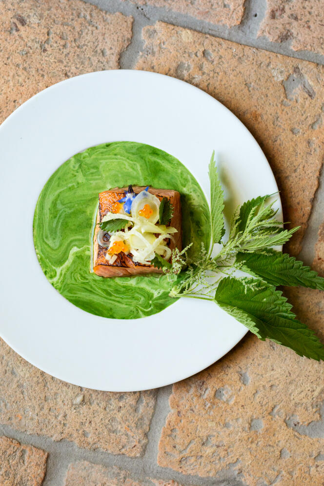Pyrenean trout gravlax, nettle sauce, fennel, apples and starflower, created by chef Cybèle Idelot.