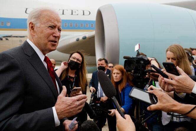 U.S. President Joe Biden answers questions from the media on the leaked Supreme Court draft opinion before boarding Air Force One for travel to Alabama from Joint Base Andrews, Maryland, U.S. May 3, 2022. 