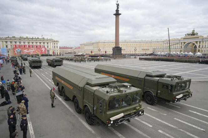 Launchers of the mobile missile system during a rehearsal for the military parade to be held on May 9 in St. Petersburg, Russia, May 5, 2022.