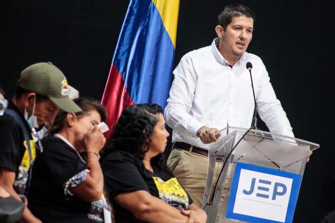 Guillermo Gutierrez, former member of the Colombian armed forces, speaks during a hearing in the presence of victims' families about the killings of 120 civilians committed by the military and later presented as rebels killed in combat, in Ocaña, Colombia, on April 26, 2022.