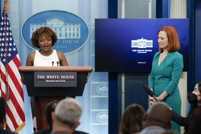 Karine Jean-Pierre stands behind the lectern in the White House press room, alongside Jen Psaki, in Washington, May 5, 2022.