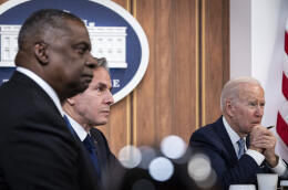 WASHINGTON, DC - APRIL 11: (L-R) U.S. Defense Secretary Lloyd Austin, U.S. Secretary of State Antony Blinken and U.S. President Joe Biden listen as Prime Minister of India Narendra Modi (on screen not pictured) speaks during a virtual meeting in the South Court Auditorium of the White House complex April 11, 2022 in Washington, DC. India has maintained a neutral stance so far in Russias invasion of Ukraine. Drew Angerer/Getty Images/AFP (Photo by Drew Angerer / GETTY IMAGES NORTH AMERICA / Getty Images via AFP)