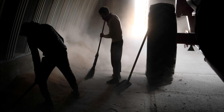 Des ouvriers nettoient un hangar où sont entreprosées des graines de tourneso au nord d’Odessa, à proximité de la frontiere transinistrienne, le 15 avril 2022 en Ukraine.  LUCAS BARIOULET POUR «LE MONDE»