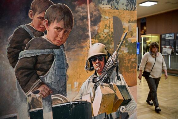 Une exposition au Musée central d’Etat d’histoire contemporaine de la Russie, « OTAN, chronique de la cruauté », montre des peintures d’enfants blessés et de femmes en pleurs, accompagnées d’une bande-son de survols d’avions militaires, à Moscou, le 5 mai 2022.