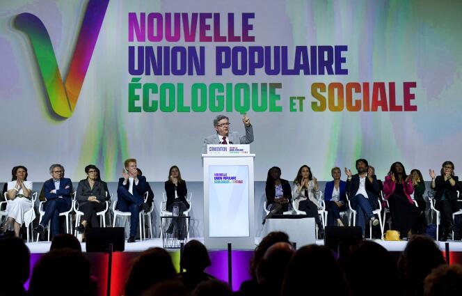 Jean-Luc Mélenchon, leader of La France Insoumise, at the launch of the campaign of the Nouvelle Union populaire écologique et sociale (New Popular Environmental and Social Union) in Aubervilliers (Seine-Saint-Denis), Saturday, May 7, 2022.