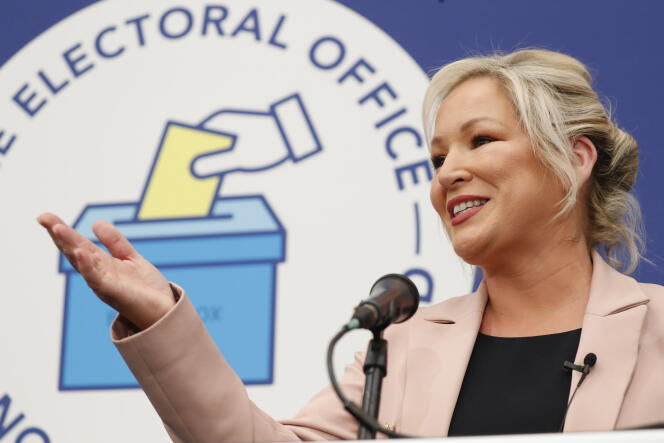 Sinn Fein's Michelle O'Neill speaks after topping the poll at the Medow Bank election count centre on Saturday, May, 7, 2022, in Magherafelt , Northern Ireland.