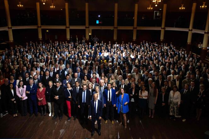 Eric Zemmour, Reconquête! leaders (including Marion Maréchal, Nicolas Bay and Guillaume Peltier) and candidates nominated by the far-right party for the June legislative elections, in Paris, on May 7, 2022.