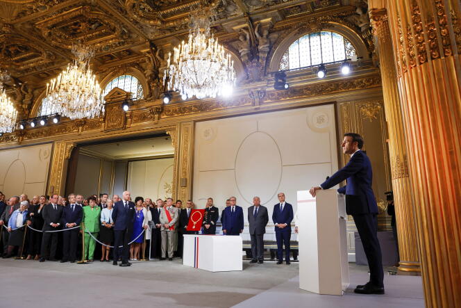 French President Emmanuel Macron delivers a speech during the ceremony of his inauguration for a second term at the Elysee palace, in Paris, France, Saturday, May 7, 2022.